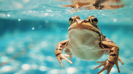 Funny moment captured frog in swimming pool does deep dive, Ai Generated.の素材