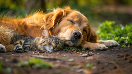 Bonded British cat and Golden Retriever. Ai Generated.の素材