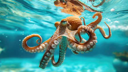 Funny moment captured octopus in swimming pool does deep dive, Ai Generated.の素材
