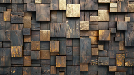 Transform your room with a 3D wallpaper imitating intricate wood and gold mosaic patterns. Ai Generated.の素材