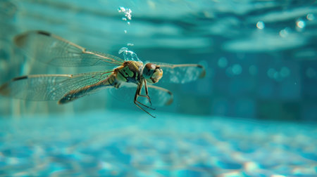 Funny moment captured dragonfly in swimming pool does deep dive, Ai Generated.の素材