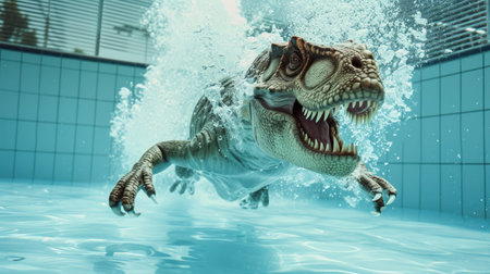 Funny moment captured dinosaur in swimming pool does deep dive, Ai Generated.の素材