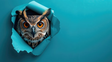 A funny owl gazes through a torn hole in a vibrant pastel color paper backdrop, Ai Generatedの素材