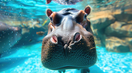 Funny moment captured hippopotamus in swimming pool does deep dive, Ai Generated.の素材