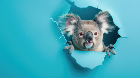A funny koala gazes through a torn hole in a vibrant pastel color paper backdrop, Ai Generatedの素材