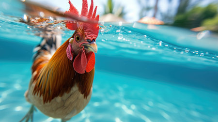 Funny moment captured rooster in swimming pool does deep dive, Ai Generated.の素材