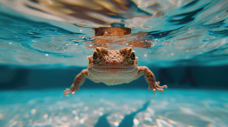 Funny moment captured lizard in swimming pool does deep dive, Ai Generated.の素材