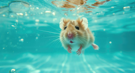 Funny moment captured hamster in swimming pool does deep dive, Ai Generated.の素材