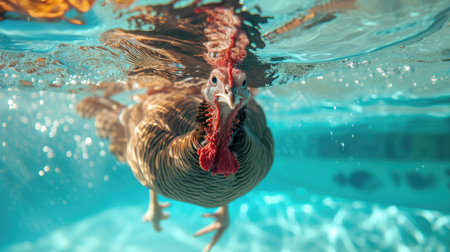 Funny moment captured turkey in swimming pool does deep dive, Ai Generated.の素材