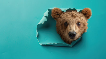 A funny bear gazes through a torn hole in a vibrant pastel color paper backdrop, Ai Generatedの素材