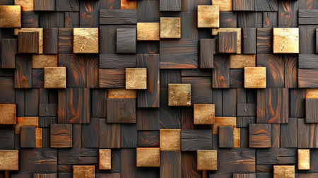 Transform your room with a 3D wallpaper imitating intricate wood and gold mosaic patterns. Ai Generated.の素材
