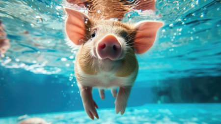 Funny moment captured pig in swimming pool does deep dive, Ai Generated.の素材