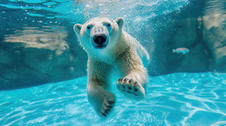 Funny moment captured polarbear in swimming pool does deep dive, Ai Generated.の素材