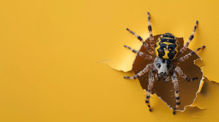 A funny spider gazes through a torn hole in a vibrant pastel color paper backdrop, Ai Generatedの素材