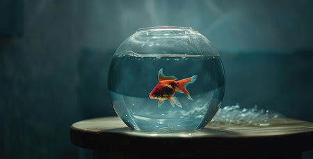 Bold goldfish defies convention, leaping out of its aquarium. Ai Generated.の素材
