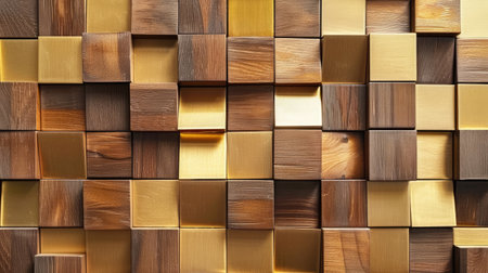 Transform your room with a 3D wallpaper imitating intricate wood and gold mosaic patterns. Ai Generated.の素材