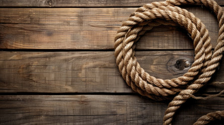Rope circle on wooden background creates a charming nautical ambiance. Ai Generated.の素材