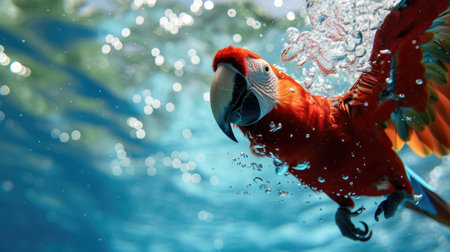 Funny moment captured parrot in swimming pool does deep dive, Ai Generated.の素材