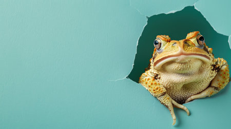 A funny toad gazes through a torn hole in a vibrant pastel color paper backdrop, Ai Generatedの素材
