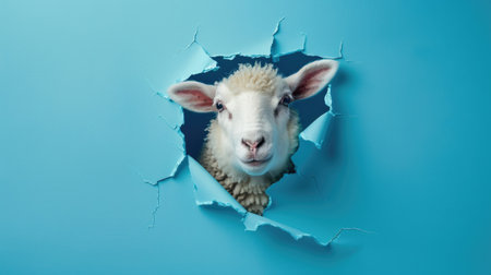 A funny sheep gazes through a torn hole in a vibrant pastel color paper backdrop, Ai Generatedの素材