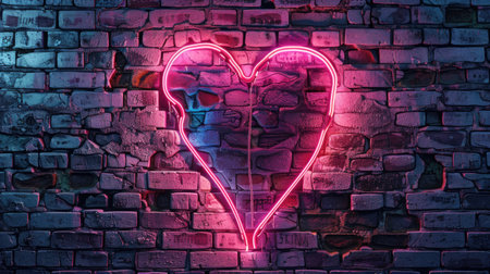 Broken heart-shaped neon sign adorns a brick wall, casting a melancholic aura. Ai Generated.の素材