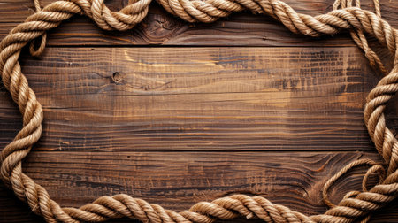 Rope circle on wooden background creates a charming nautical ambiance. Ai Generated.の素材