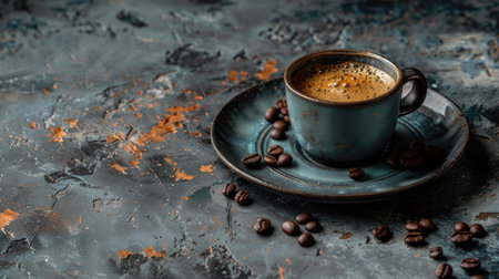 Vintage table adorned with an espresso coffee cup and beans, promising rich flavors. Ai Generated.の素材