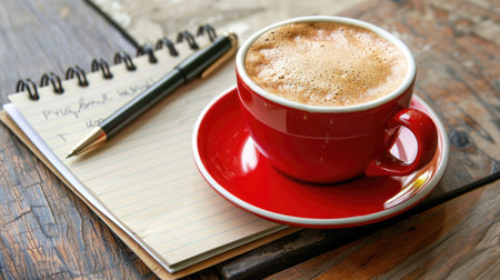 Coffee cup and notepad duo, ideal for jotting down ideas. Ai Generated.の素材