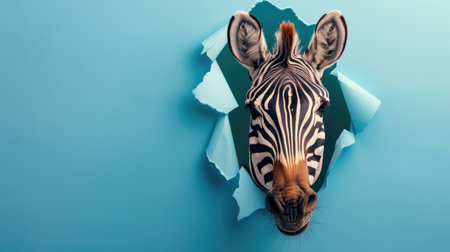 Funny zebra gazes through torn paper on colorful background. Ai Generated.の素材