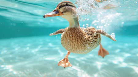 Funny moment captured duck in swimming pool does deep dive, Ai Generated.の素材
