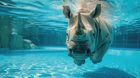 Funny moment captured rhinoceros in swimming pool does deep dive, Ai Generated.の素材