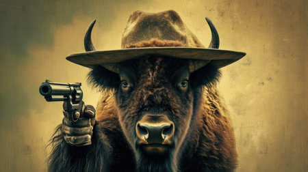 Unexpectedly fashionable bison wields a gun with swagger, Ai Generatedの素材