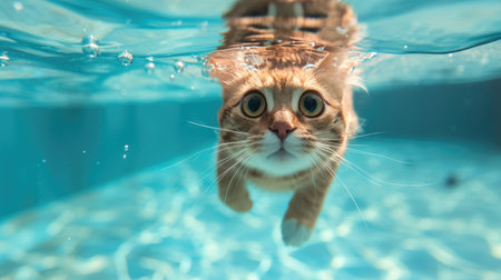 Funny moment captured cat in swimming pool does deep dive, Ai Generated.の素材