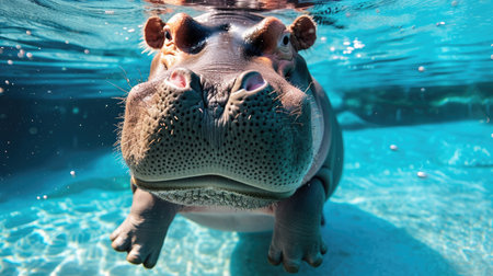 Funny moment captured hippopotamus in swimming pool does deep dive, Ai Generated.の素材