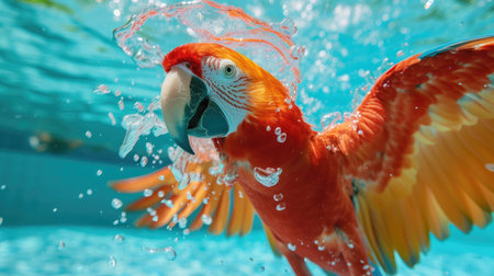 Funny moment captured parrot in swimming pool does deep dive, Ai Generated.の素材