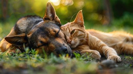 Outdoor fun: dog and cat playfully lie on backs together. Ai Generatedの素材