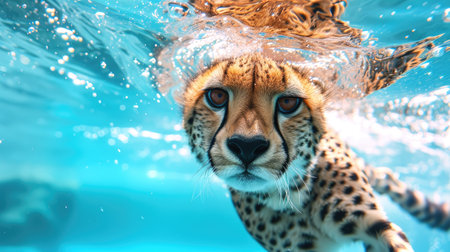 Funny moment captured cheetah in swimming pool does deep dive, Ai Generated.の素材