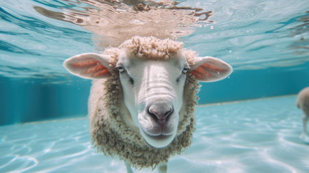 Funny moment captured sheep in swimming pool does deep dive, Ai Generated.の素材