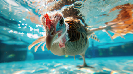 Funny moment captured turkey in swimming pool does deep dive, Ai Generated.の素材