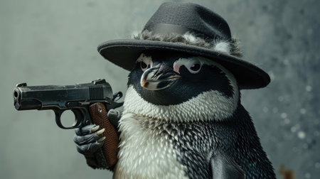 Unexpectedly fashionable penguin wields a gun with swagger, Ai Generatedの素材