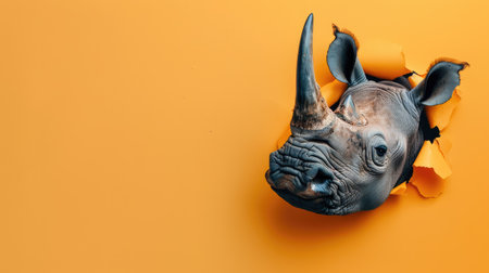 A funny rhinoceros gazes through a torn hole in a vibrant pastel color paper backdrop, Ai Generatedの素材