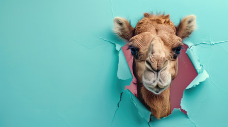 A funny camel gazes through a torn hole in a vibrant pastel color paper backdrop, Ai Generatedの素材