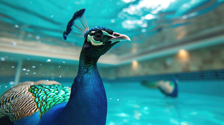 Funny moment captured peacock in swimming pool does deep dive, Ai Generated.の素材
