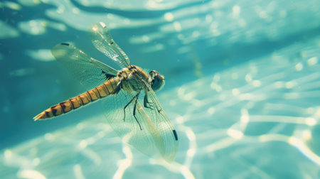 Funny moment captured dragonfly in swimming pool does deep dive, Ai Generated.の素材