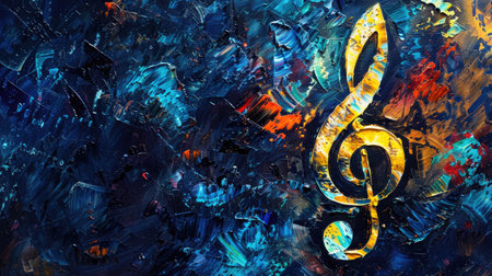 Expressive artwork with musical notes on a rich dark canvas, blending harmony and mystery, Ai Generated.の素材
