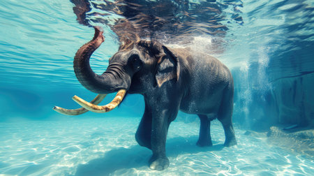 Funny moment captured elephant in swimming pool does deep dive, Ai Generated.の素材