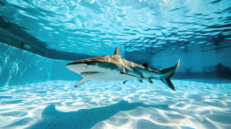 Funny moment captured shark in swimming pool does deep dive, Ai Generated.の素材