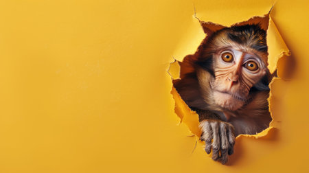 A funny monkey gazes through a torn hole in a vibrant pastel color paper backdrop, Ai Generatedの素材