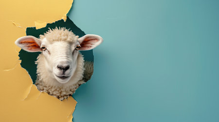 A funny sheep gazes through a torn hole in a vibrant pastel color paper backdrop, Ai Generatedの素材