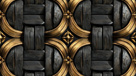 Transform your room with a 3D wallpaper imitating intricate wood and gold mosaic patterns. Ai Generated.の素材